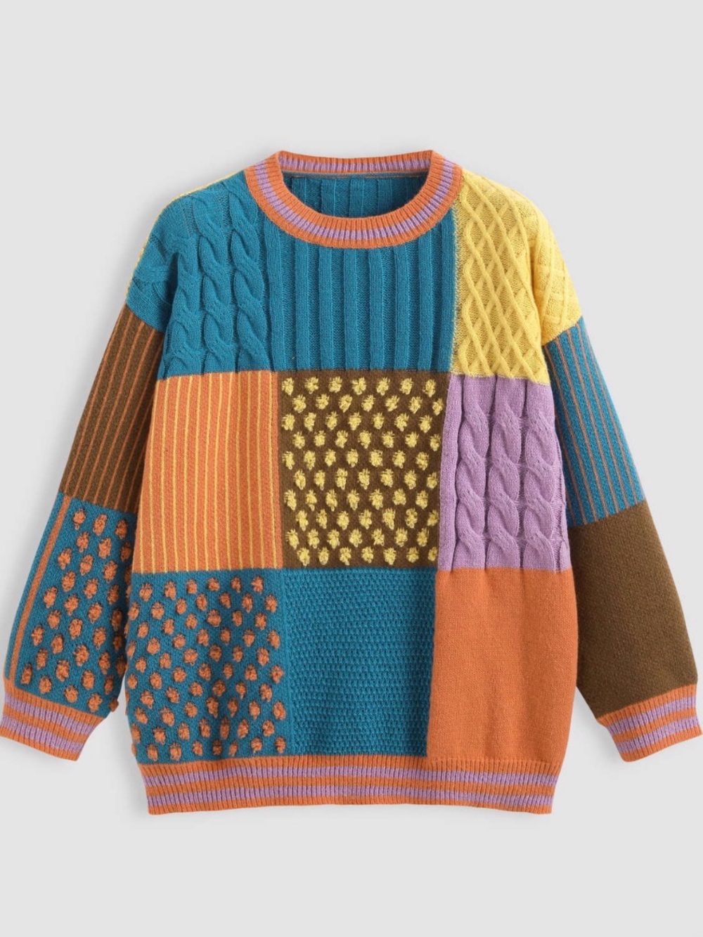 Cider Multicolor Grandma Patchwork Sweater - Coral, Lavender & Teal